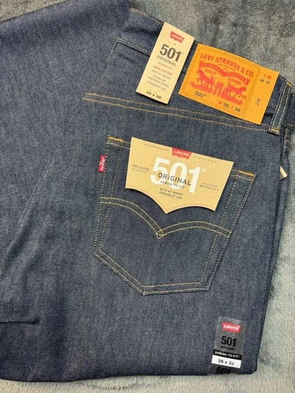 Levi's 501 Jeans Mens 35x38 Blue Raw Denim Straight Button Fly Shrink To Fit